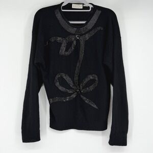 Axiom Vintage 80s 90s Black Beaded Ribbon Bow Angora Lambswool Sweater Large